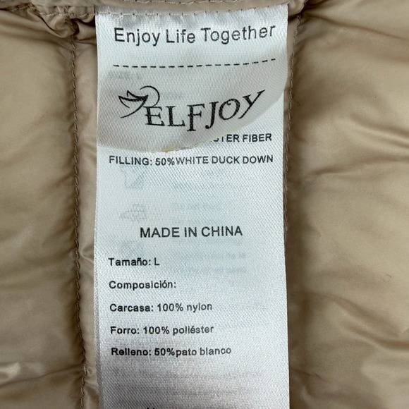 ELFJOY Womens Long Puffer Vest Beige Sleeveless Full Zip Down Fill Size L - Picture 3 of 8